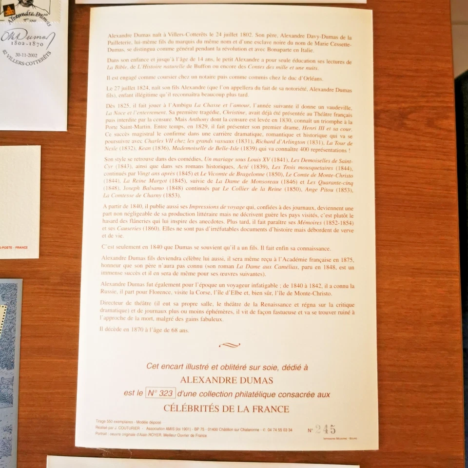 ⭐ FRANCE Lot 19 Documents ALEXANDRE DUMAS & ses Oeuvres - FDC 1er Jour Timbre⭐ - Photo 3/4