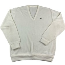 VTG IZOD Lacoste Knit V-Neck Sweater, Cream Pullover Preppy Alligator Logo, L/XL