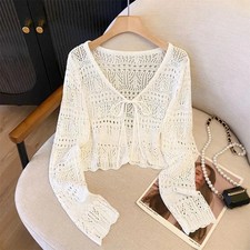 Outdoor Sunscreen Cropped Knit Cardigan Ladies Tie Front Hollow Crochet Shrug Br
