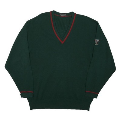 JAEGER Mens Green & Red Plain V-Neck Basic Knit Jumper L Wool Classic Elegant