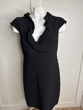 XSCAPE Petite by Jonna Chen Size 14P Black Sheath Dress Ruffle Deep Neckline