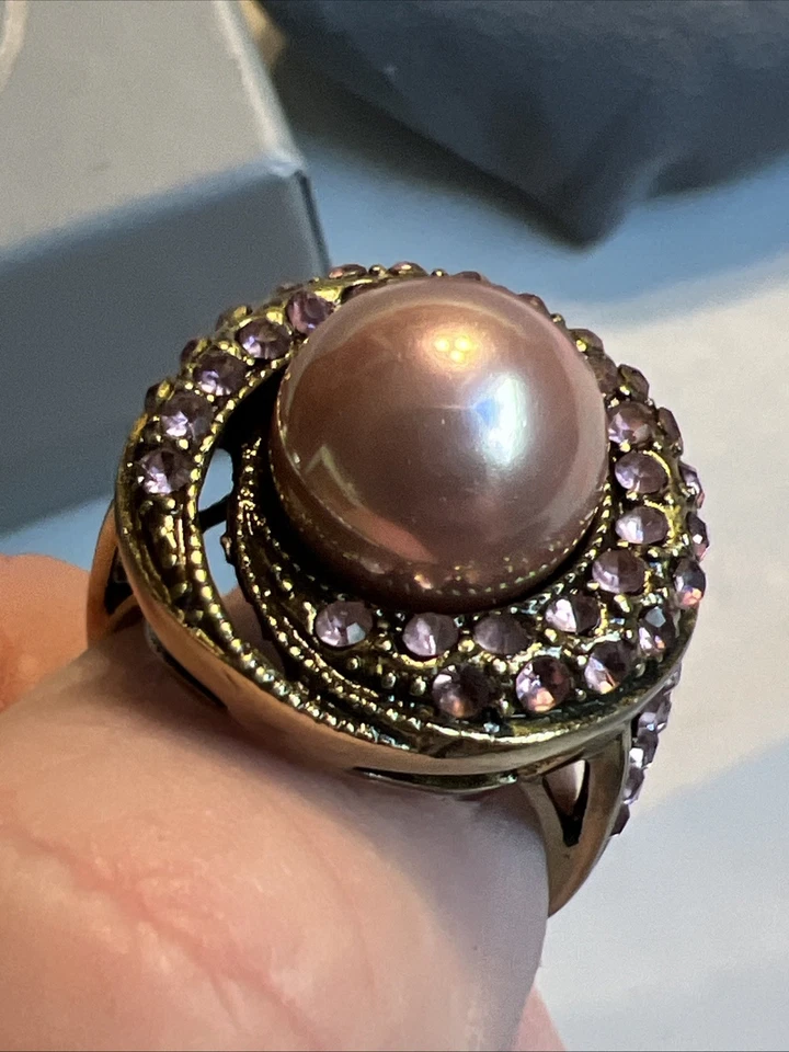 Heidi Daus Cocktail Ring Black Pearl Pink Stone Crystal Bronze Tone Sz 10 #JO31 - Image 2 of 4
