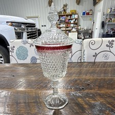 Clear Red Ruby Glass Diamond Pattern Glossy Lidded Urn Decorative Piece