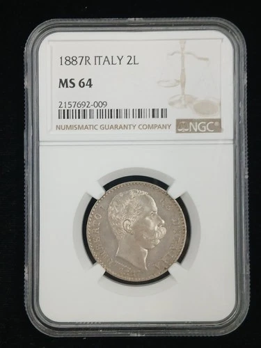 1887R Italy 2 Lire NGC Graded MS64 Choice BU Silver Coin