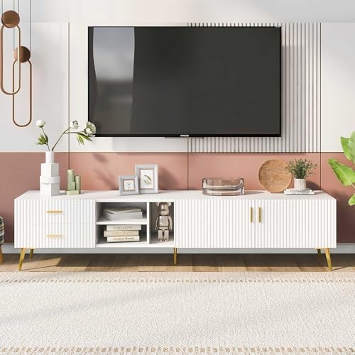 WASAFIRE MODERN TV STAND WITH 5 CHAMPAGNE LEGS-DURABLE STYLISH SPACIOUS -WHITE