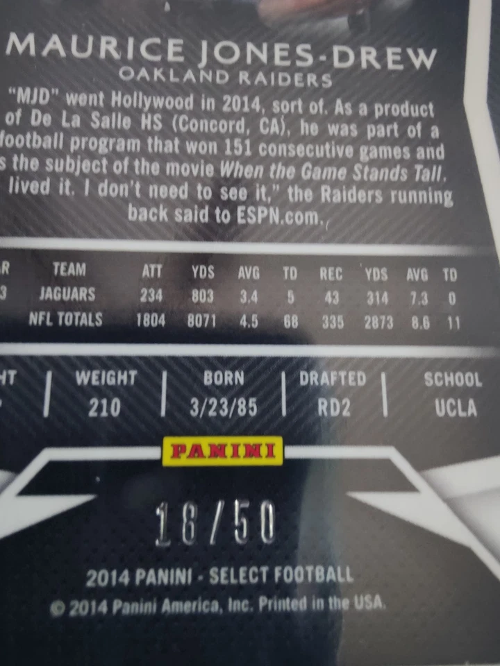 2014 PANINI SELECT MAURICE JONES-DREW #70 BLUE PRIZM 18/50 OAKLAND RAIDERS - Image 3 of 3