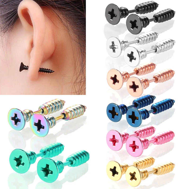 Punk Stainless Steel Screw Shape Ear Stud Creative Colorful Earring Jewelry Gift