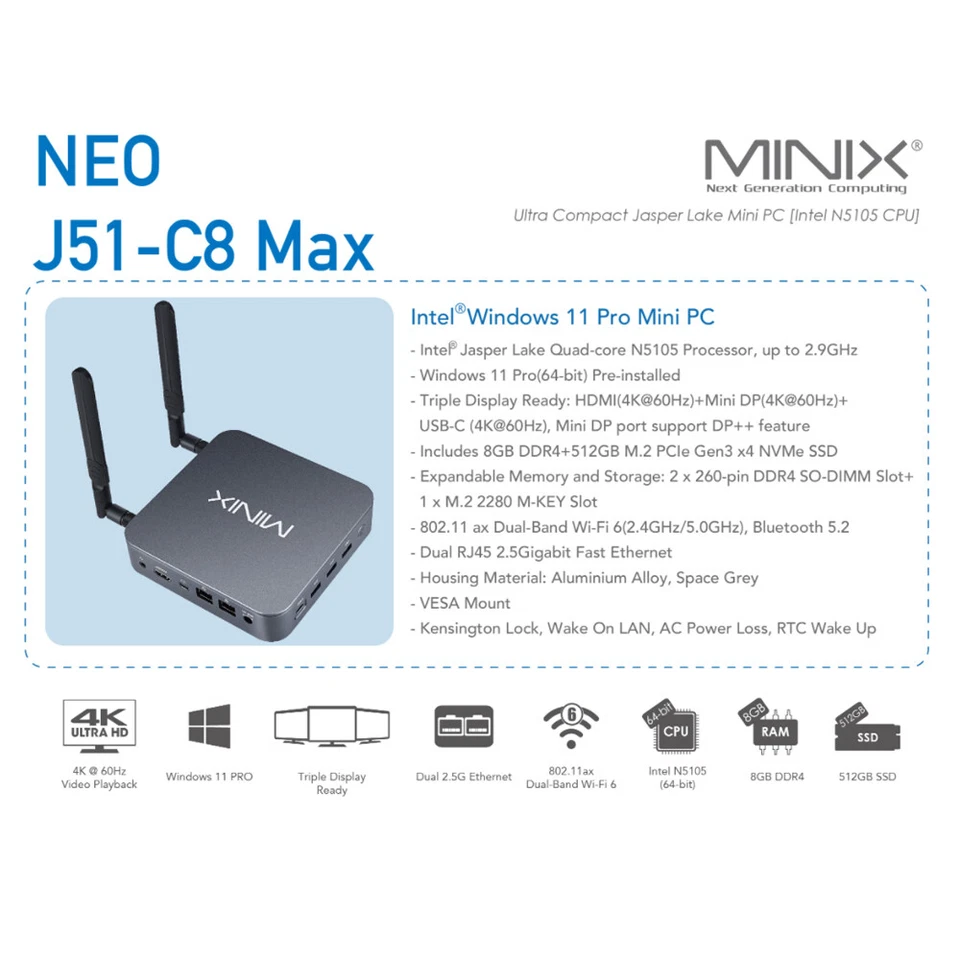 MINIX J51-C8 Intel N5105 Office Gaming Mini PC RAM 8GB Official Genuine Windows - Image 3 of 4