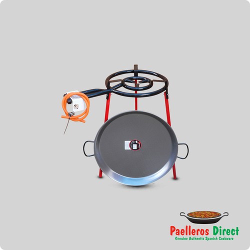 55cm Spanish Polished Steel Paella Pan & 40cm Gas Burner Kit / Set