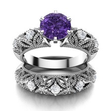 Solitaire 5MM Round Amethyst 925 Sterling Silver Dual Shank Women Wedding Ring
