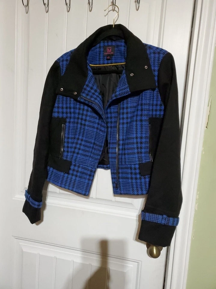 Material Girl Bright Blue Houndstooth Plaid Moto Biker Jacket Womens XL Cropped - Image 4 of 4
