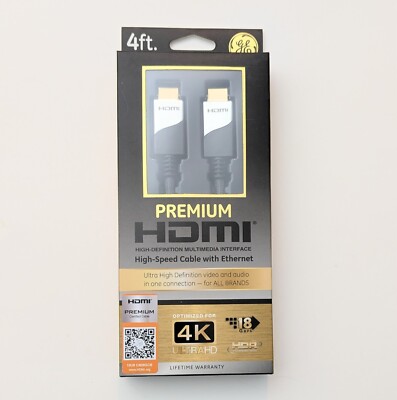 GE Premium HDMI 4 ft High Speed Cable with Ethernet Optimized for 4K Ultra HD