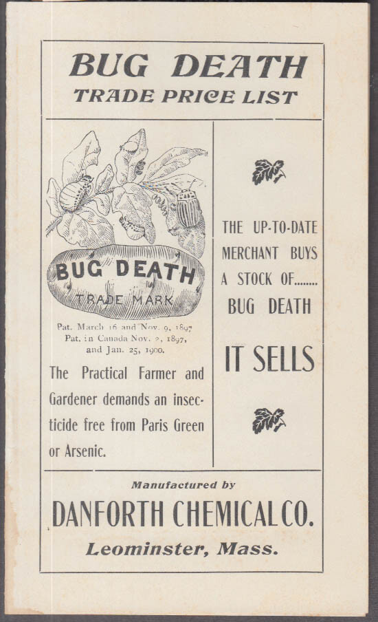 Danforth Chemical Bug Death Insecticide letter, price list, reply envelope 1905