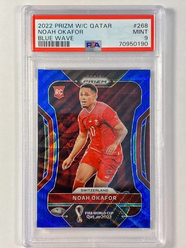 Noah Okafor /199 RC 2022 Panini Prizm FIFA World Cup Blue Wave Rookie #268 PSA 9