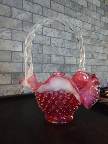 Fenton Art Glass Cranberry Opalescent Hobnail Spiral Handled Basket