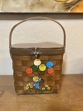 Vtg CARO-NAN Woven Basket Purse Hand Painted Kid Holding Balloons