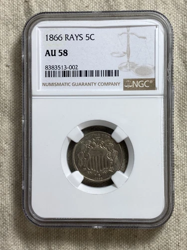 1866 Shield Nickel Rays AU58 NGC Insane Reverse Terminal Die Cracks