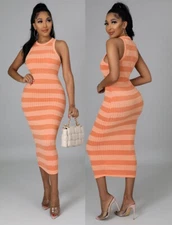 Womens Ribbed Sundress Stripe Zipper Back Bodycon Dress Sleeveless Pencil Dress