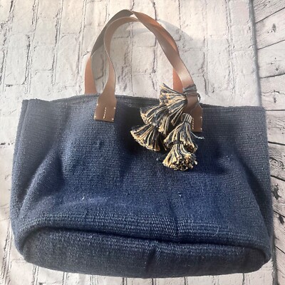 Jill Navy Jute Bag Tote Tasseled Leather Double Handles Preppy Beach  Travel
