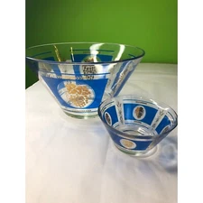 Vintage Hazel Atlas blue/gold glass chip and dip bowl set of two with amazing gr