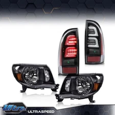 FIT FOR 2005-2011 TOYOTA TACOMA BLACK AMBER HEADLIGHTS  & LED BLACK  TAIL LIGHTS