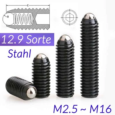 GOOBETTER M2~M16 Federnde Druckstücke mit Innensechskant und Kugel Federkraft 12.9er Stahl