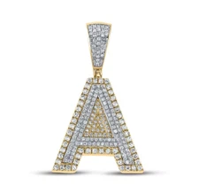 0.75 Cttw Diamond Initial A Letter Mens Charm Pendant 10k Gold 1.4 inch