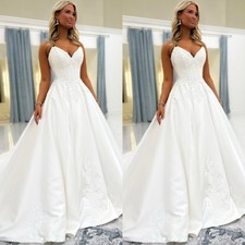Satin Strapless Wedding Dresses A Line Lace Appliques Sweep Train Bridal Gowns