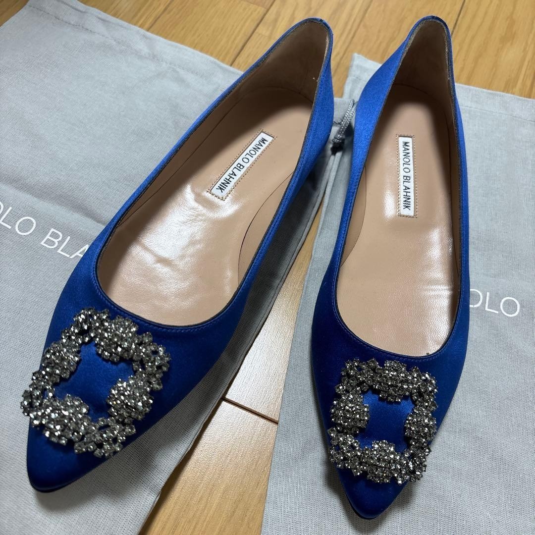 Manolo Blahnik Hangisi Jewel Buckle Flat Pumps Shoes Blue Satin Women's 39 US9