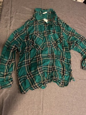 C EST. 1946 Green Plaid Button-Up Top Plus 26/28 Long Sleeve Rayon Collared