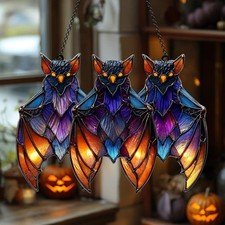 Bat Trio Suncatcher, Purple Orange Faux Stained Glass Halloween Bat Decor