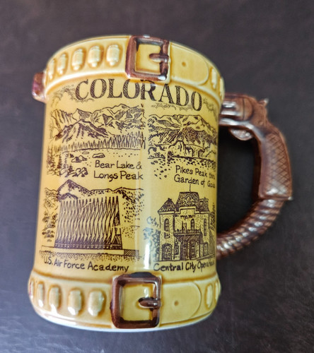 Vintage Colorado CO SOUVENIR Ceramic Mug Attractions Pistol Handle Gun Belt