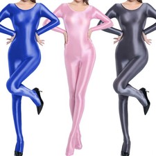 US Womens One Piece Jumpsuit Oil Shiny Glossy Bodysuit Catsuit Full Bodystocking