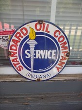 VINTAGE STANDARD OIL CO. GASOLINE SERVICE TORCH INDIANA 12" PORCELAIN METAL SIGN