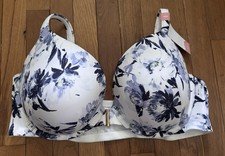 Plus Size 46DD Cacique Front Close Boost Plunge Bra White Blue Iris Flower