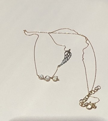 Genuine Solid  18K Yellow Gold Three Faceted Crystal  Station Angel WingNecklace