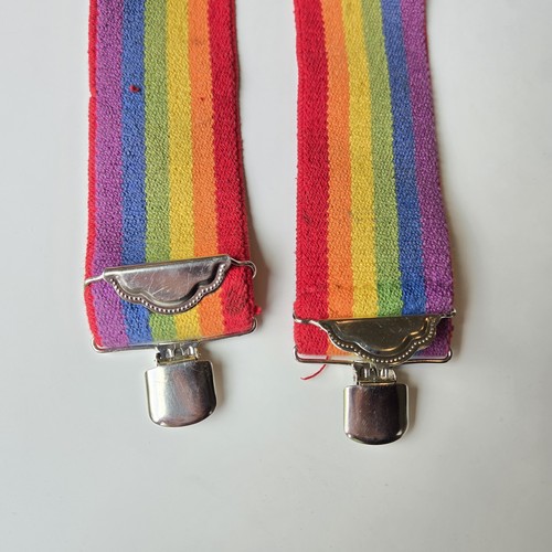 Vintage Wide Rainbow Suspenders W/ Cute Silver Cloud Clips Pride Elastic