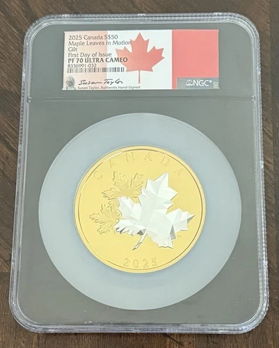 2025 Canada Silver $50 Maple Leaves in Motion Gilt NGC PF70 First Day of Issue