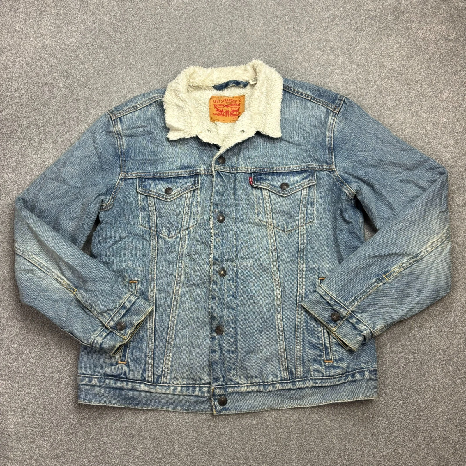 Levis Denim Jacket Adult Medium Blue Sherpa Lined Trucker Red Tab Fleece Mens