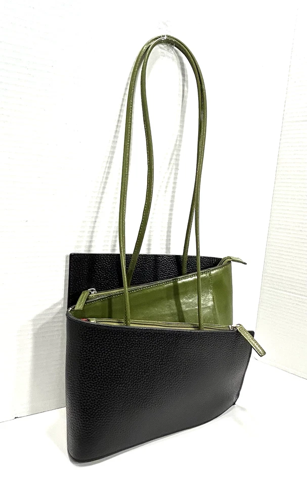 Bolso de Hombro Cleo & Patek Cuero Genuino Italiano Dos Tonos Verde Negro Foto 3 de 4