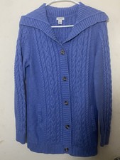L.L.Bean Women  s Blue Cable-Knit Collared Button Front Pocket Cardigan S