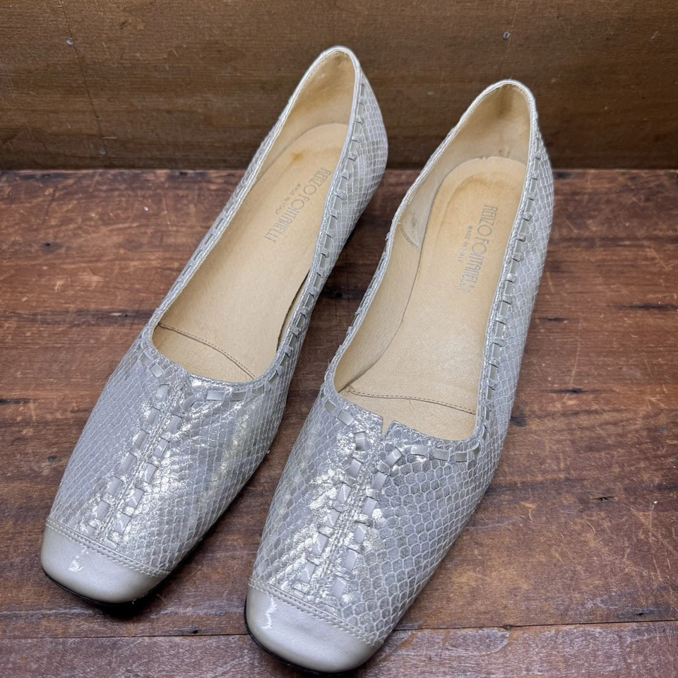 Renzo Fontanelli Mujer Talla 10.5 AA Cuero Genuino Plateado Sin Cordones Tacón Gatito Foto 3 de 4