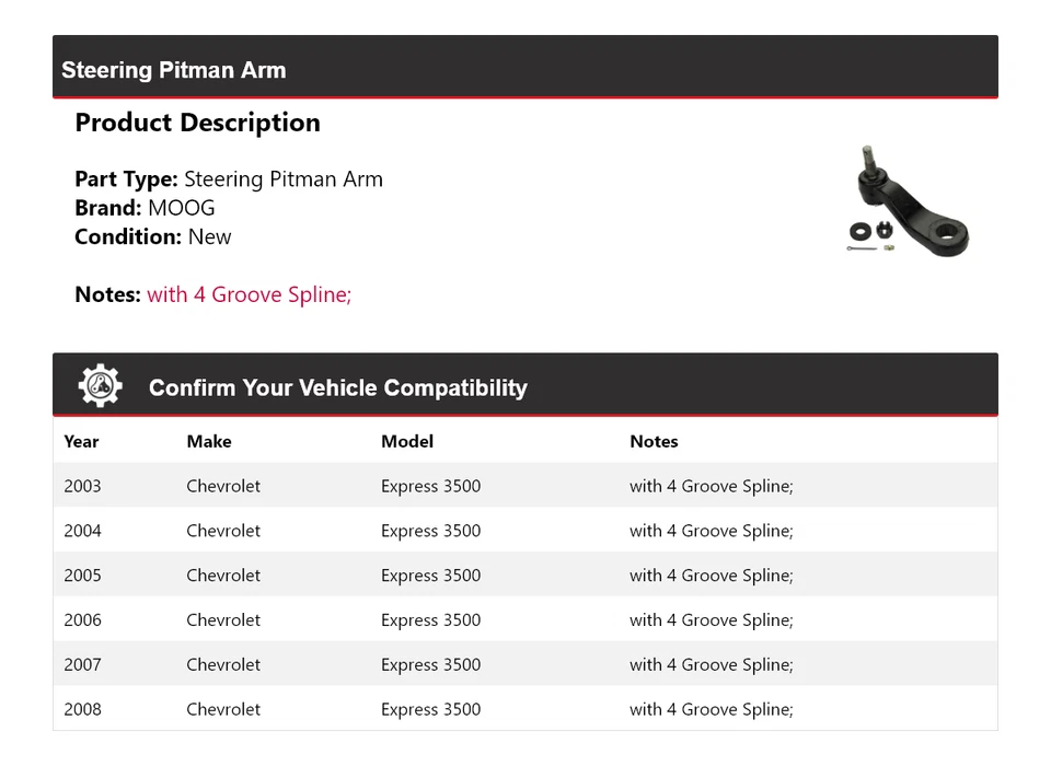 Brazo Pitman de dirección para Chevrolet Express 3500 2003-2008 MOOG 2003 2004 2005 Foto 2 de 4