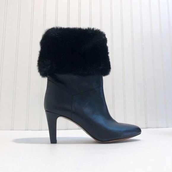 Rouje Paris Bottines Josie Black Leather Fur Lined Almond Toe Designer Boots 39