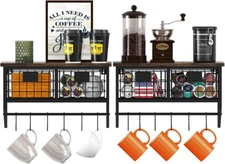 Industrial Wall Mounted Metal Wood Floating Shelves with Baskets Hooks Hanging D