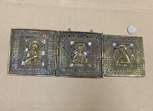 Brass Enameled Triptych Reliquary Russian Travel Icon Orthodox 19th Century
