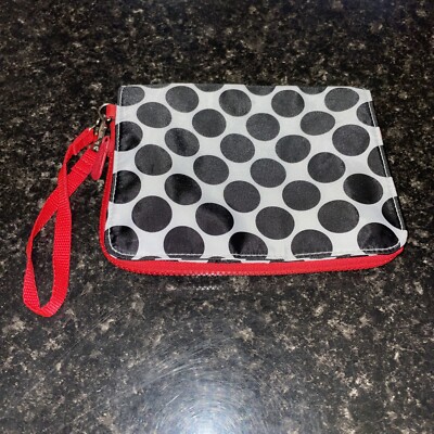 Thirty One Expandable Compact Wristlet Small Bag Black White Red Lab Polka Dot