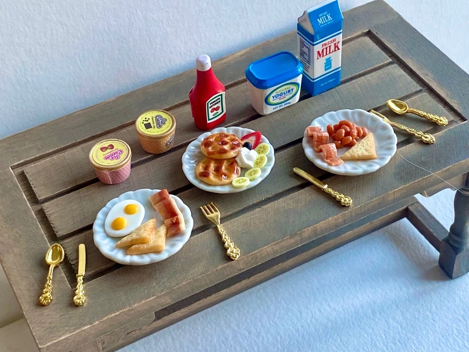 lot 14 pcs set miniatures 1:12 breakfast set handmade waffles egg bacon milk jam - Image 4 of 4