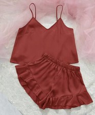 Elegant Satin Pajama Set Cami Top And Ruffle Shorts Red L 8/10