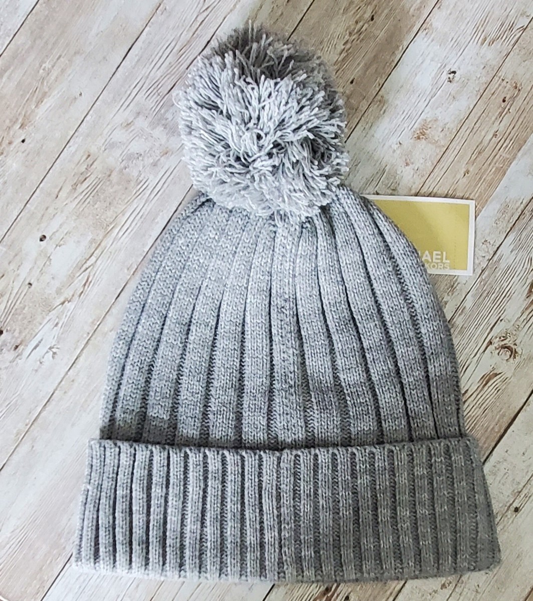 MICHAEL KORS MK Womens Hat Beanie Gray Ribbed Knit w/ Pom  display picture 2